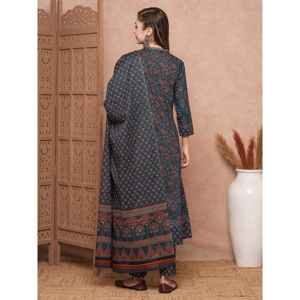 FASHOR Teal Floral Block Printed Anarkali Kurta with Pants and Dupatta (Set of 3)