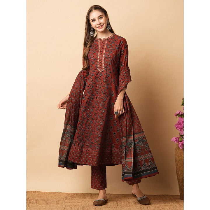 FASHOR Red Floral Block Printed Anarkali Kurta with Pants and Dupatta (Set of 3)