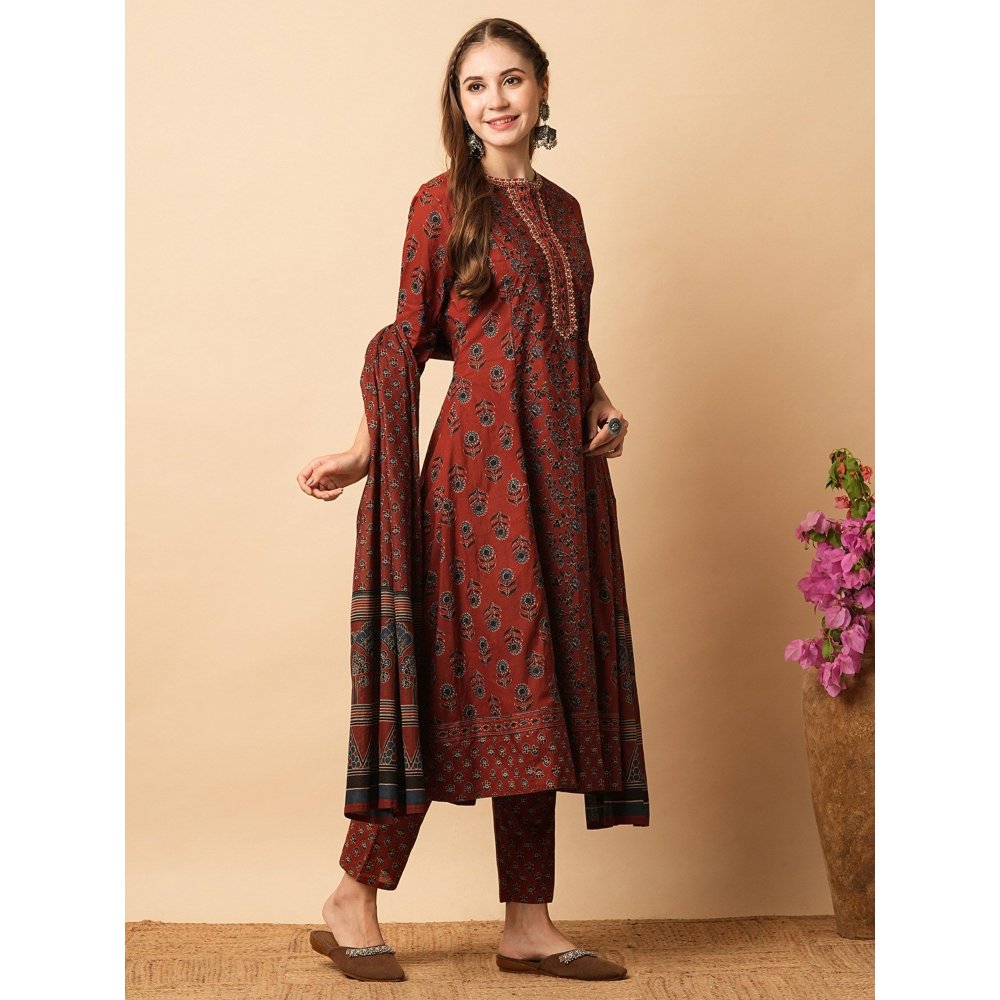 FASHOR Red Floral Block Printed Anarkali Kurta with Pants and Dupatta (Set of 3)