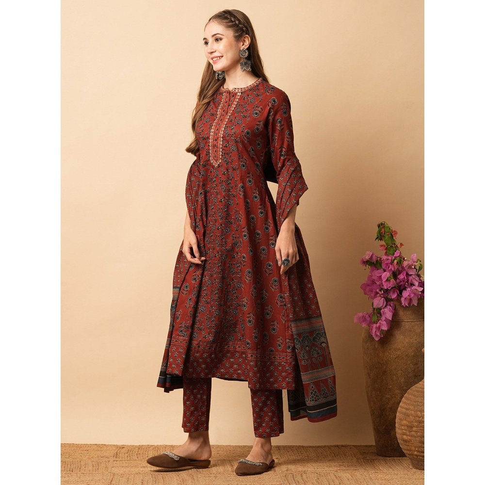 FASHOR Red Floral Block Printed Anarkali Kurta with Pants and Dupatta (Set of 3)