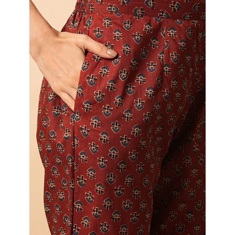 FASHOR Red Floral Block Printed Anarkali Kurta with Pants and Dupatta (Set of 3)