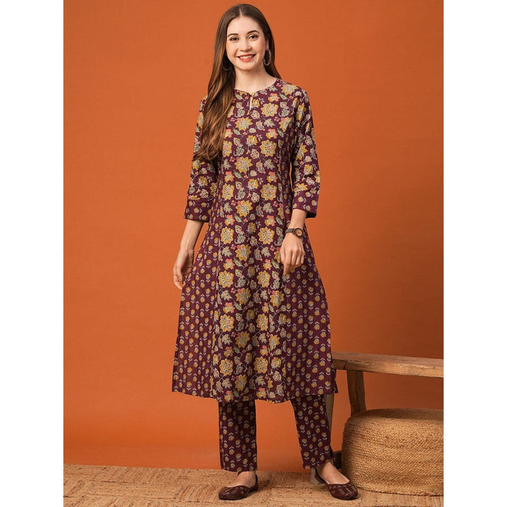 FASHOR Women Cotton Burgundy Keyhole Neck Floral Kurta with Pant (Set of 2)