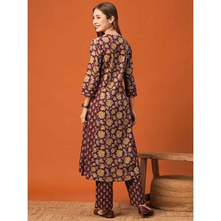 FASHOR Women Cotton Burgundy Keyhole Neck Floral Kurta with Pant (Set of 2)