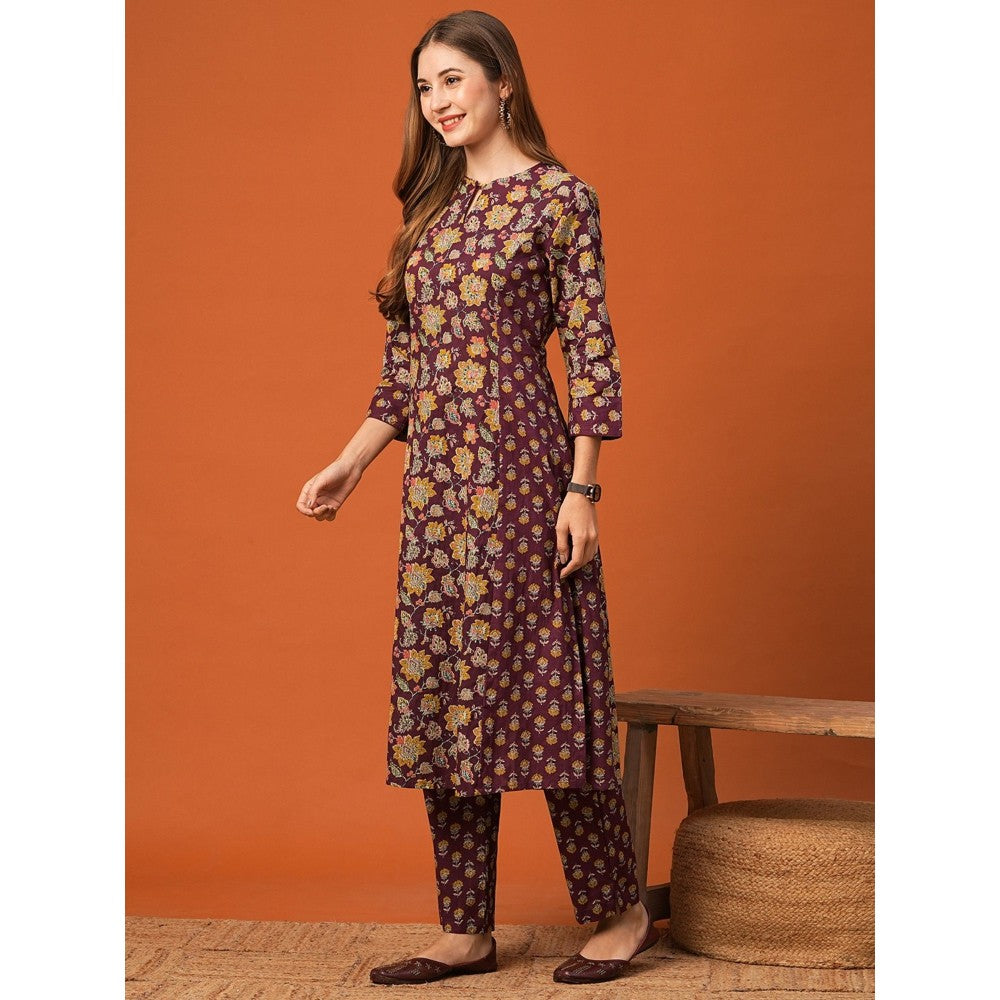 FASHOR Women Cotton Burgundy Keyhole Neck Floral Kurta with Pant (Set of 2)