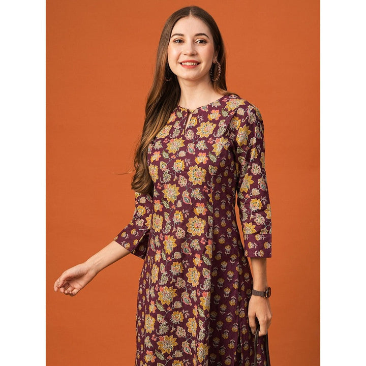 FASHOR Women Cotton Burgundy Keyhole Neck Floral Kurta with Pant (Set of 2)