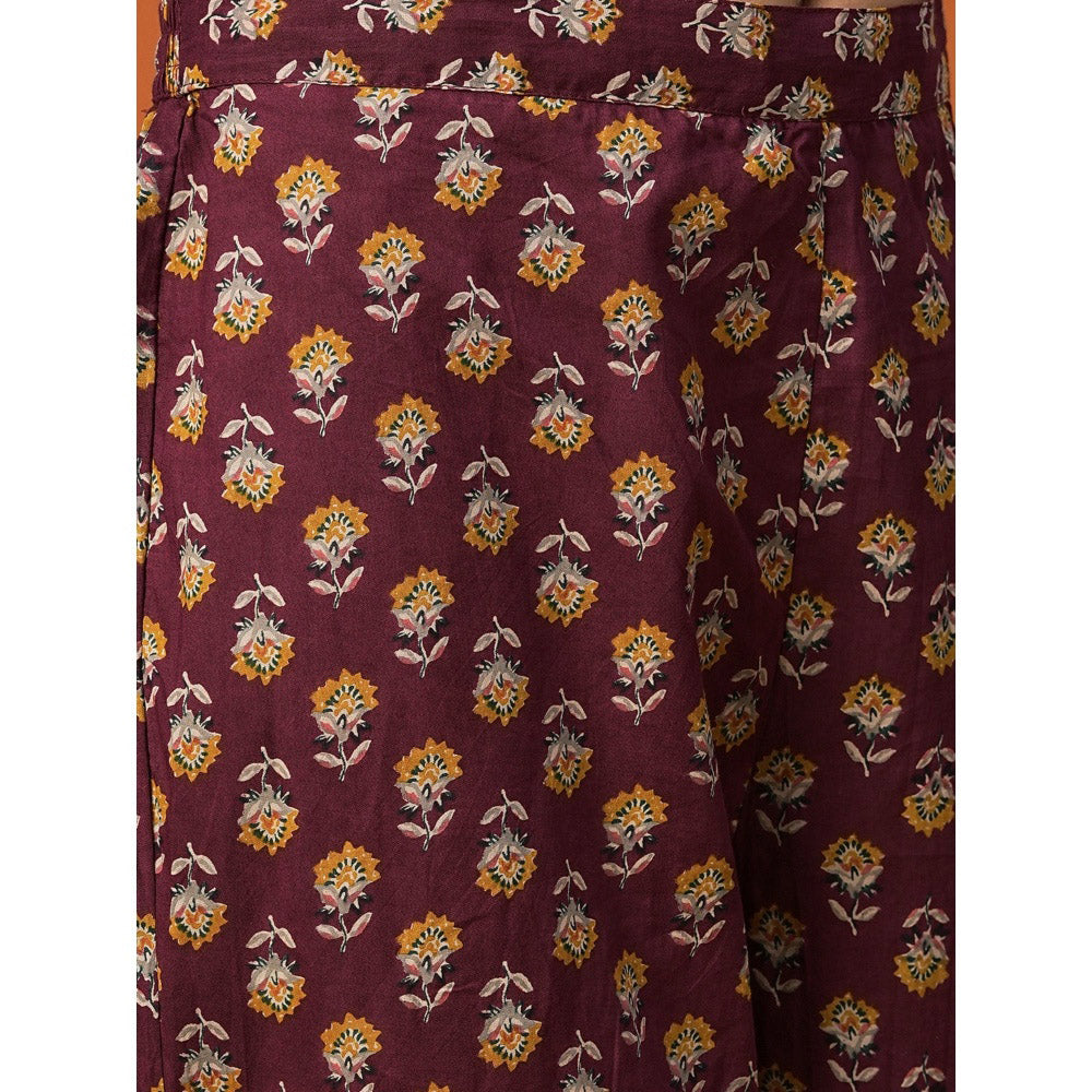 FASHOR Women Cotton Burgundy Keyhole Neck Floral Kurta with Pant (Set of 2)