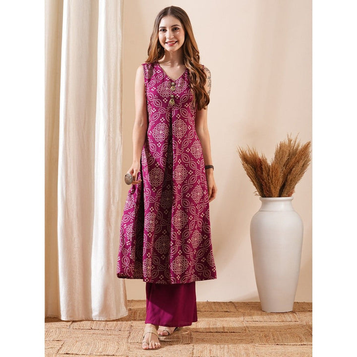 FASHOR Women Rayon Magenta V-Neck Printed Kurta with Palazzo (Set of 2)