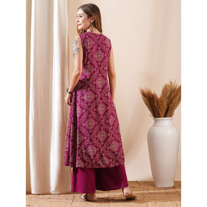 FASHOR Women Rayon Magenta V-Neck Printed Kurta with Palazzo (Set of 2)