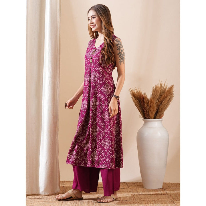 FASHOR Women Rayon Magenta V-Neck Printed Kurta with Palazzo (Set of 2)