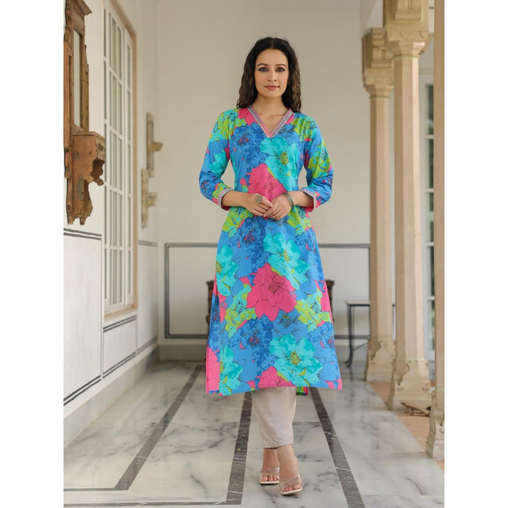 FASHOR Women Blue Floral Printed Straight Fit Cotton Kurta