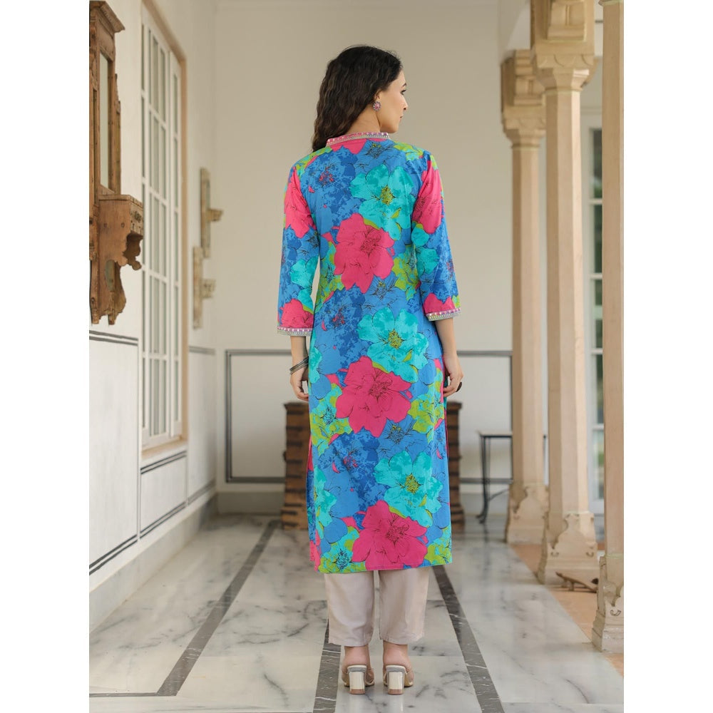 FASHOR Women Blue Floral Printed Straight Fit Cotton Kurta