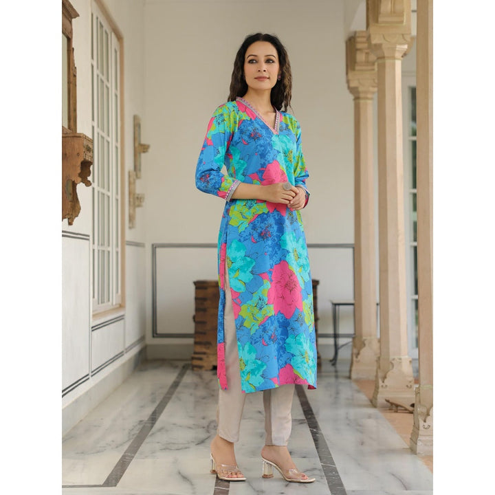 FASHOR Women Blue Floral Printed Straight Fit Cotton Kurta