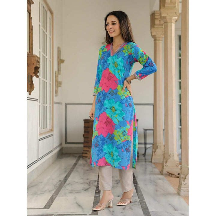 FASHOR Women Blue Floral Printed Straight Fit Cotton Kurta