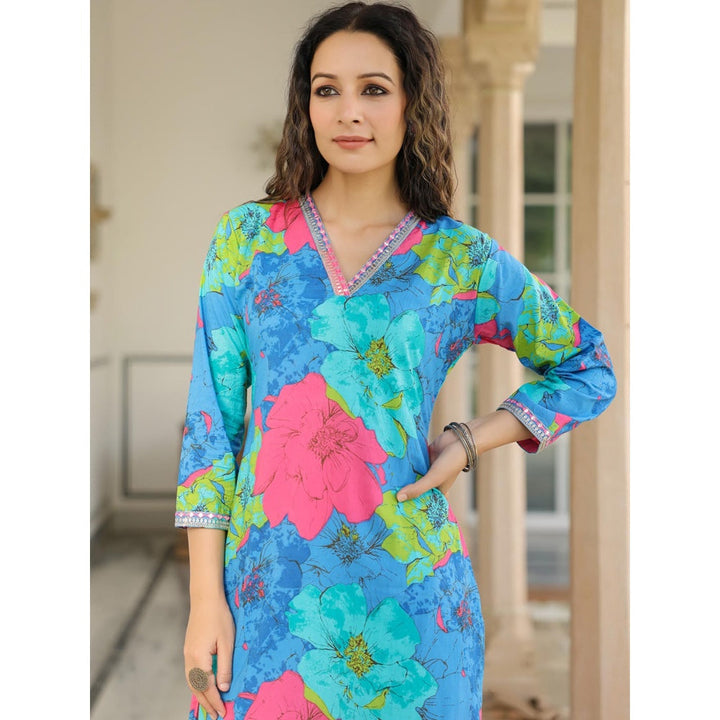 FASHOR Women Blue Floral Printed Straight Fit Cotton Kurta