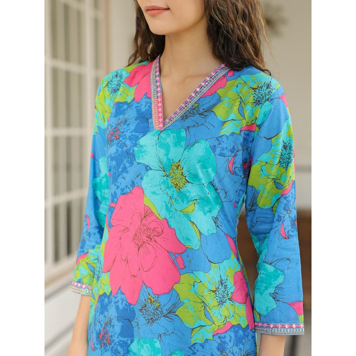 FASHOR Women Blue Floral Printed Straight Fit Cotton Kurta