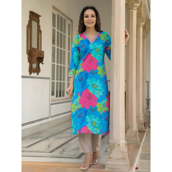 FASHOR Women Blue Floral Printed Straight Fit Cotton Kurta