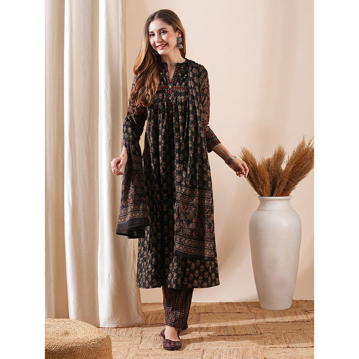 FASHOR Women Floral Printed Brown A-Line Kurta with Pant and Dupatta (Set of 3)