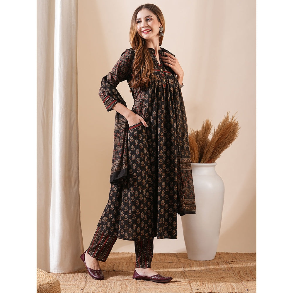 FASHOR Women Floral Printed Brown A-Line Kurta with Pant and Dupatta (Set of 3)