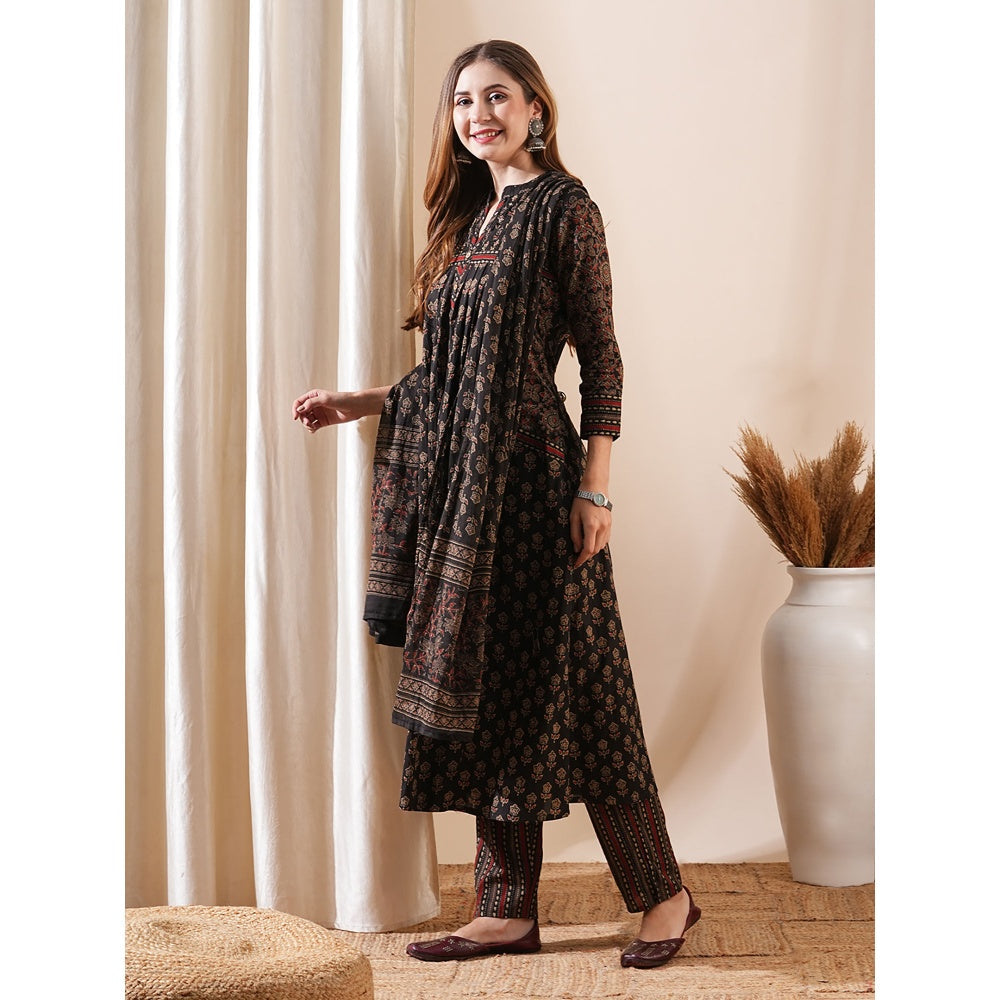 FASHOR Women Floral Printed Brown A-Line Kurta with Pant and Dupatta (Set of 3)