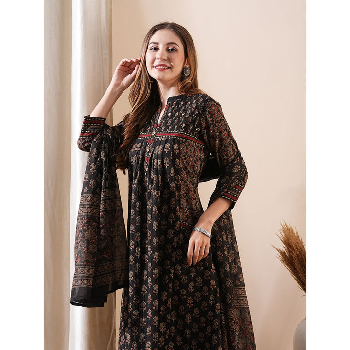 FASHOR Women Floral Printed Brown A-Line Kurta with Pant and Dupatta (Set of 3)