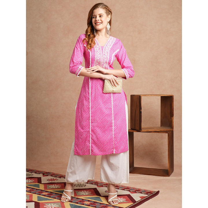 FASHOR Leheriya Printed and Embroidered Pink Straight Fit Kurta