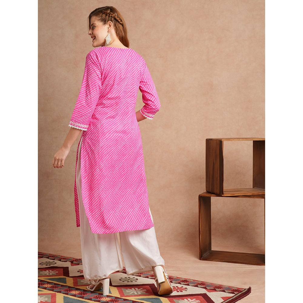 FASHOR Leheriya Printed and Embroidered Pink Straight Fit Kurta