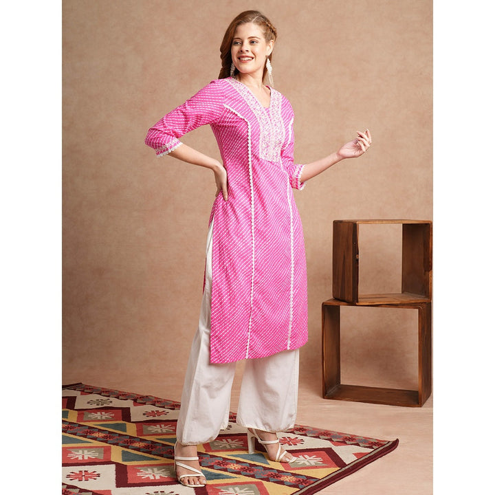 FASHOR Leheriya Printed and Embroidered Pink Straight Fit Kurta