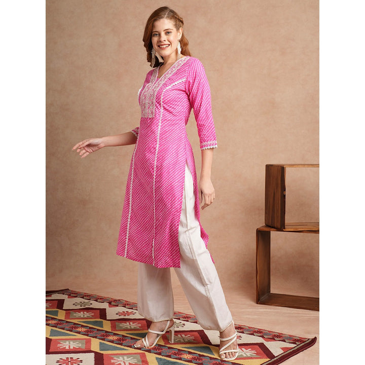 FASHOR Leheriya Printed and Embroidered Pink Straight Fit Kurta