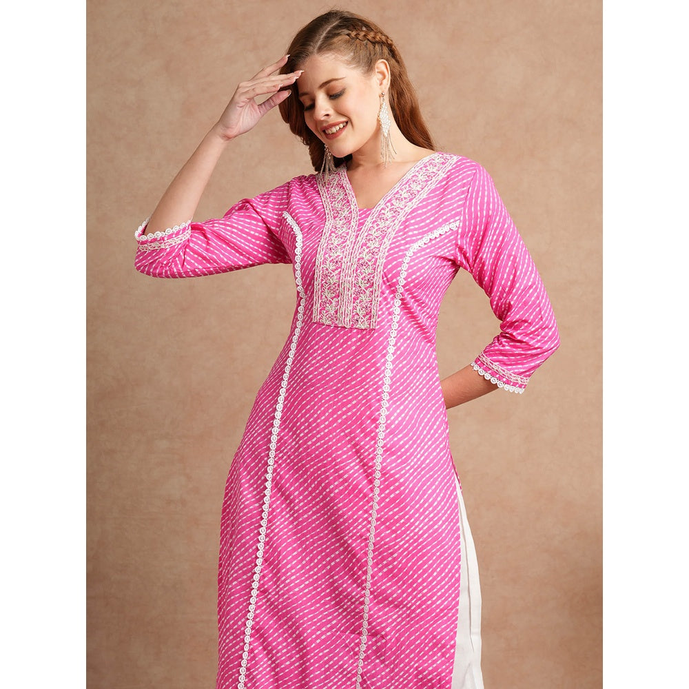 FASHOR Leheriya Printed and Embroidered Pink Straight Fit Kurta