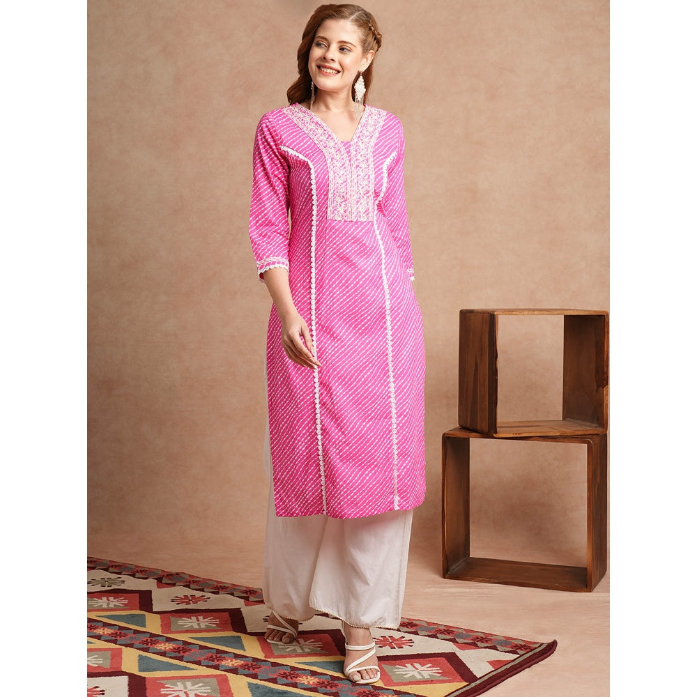 FASHOR Leheriya Printed and Embroidered Pink Straight Fit Kurta