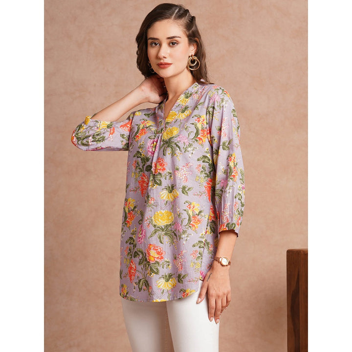 FASHOR Abstract Lavender Floral Printed Straight Fit Tunic