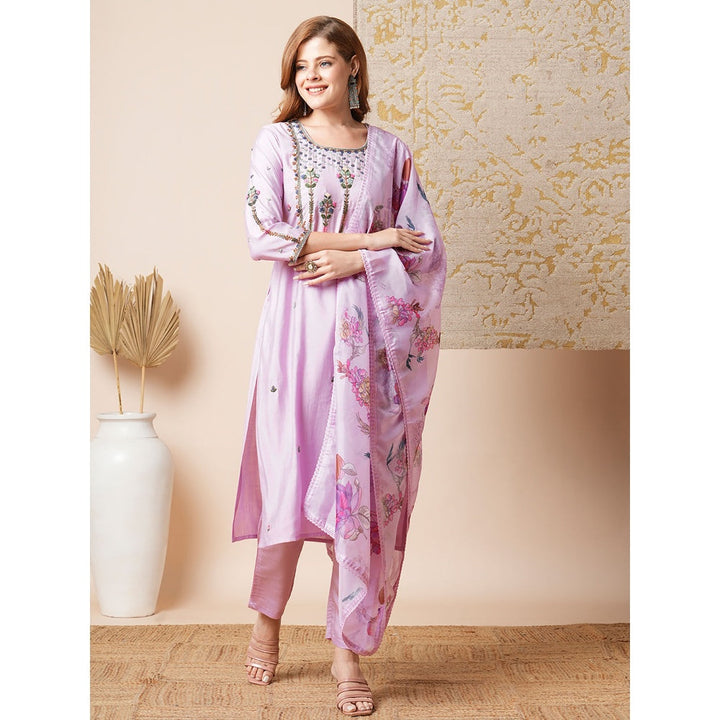 FASHOR Purple Floral Hand Embroidered Straight Fit Kurta with Pant and Dupatta (Set of 3)