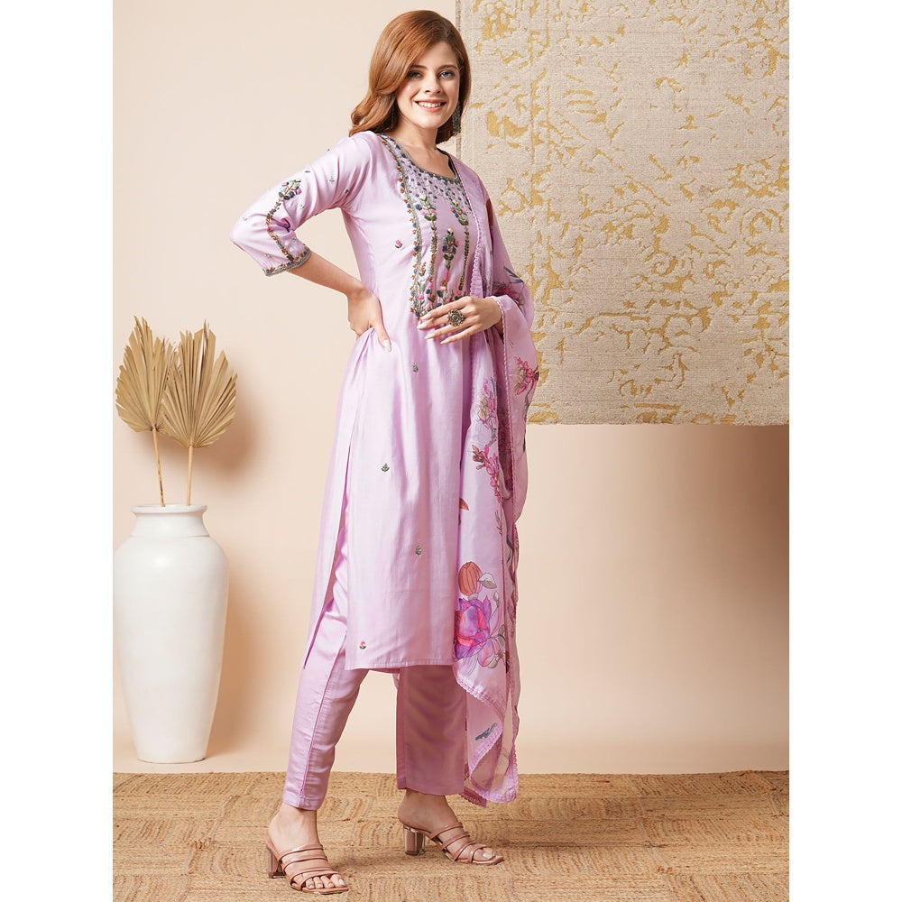 FASHOR Purple Floral Hand Embroidered Straight Fit Kurta with Pant and Dupatta (Set of 3)