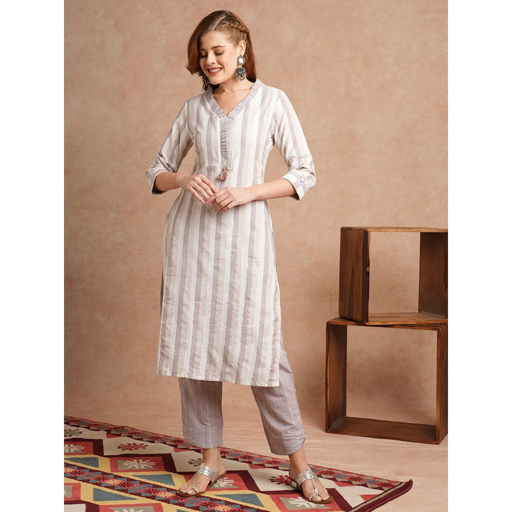 FASHOR Multi Color Lurex Stripes and Woven Straight Fit Kurta with Pant (Set of 2)