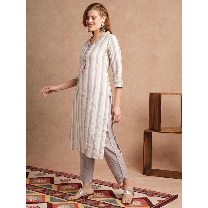 FASHOR Multi Color Lurex Stripes and Woven Straight Fit Kurta with Pant (Set of 2)