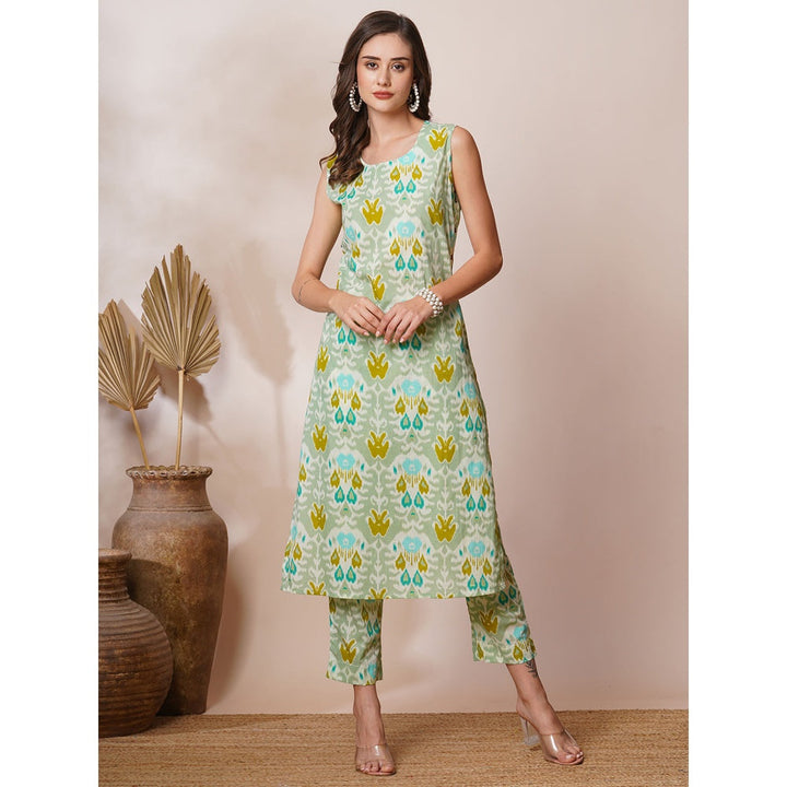 FASHOR Mint Green Abstract Ethnic Ikat Printed Straight Fit Kurta with Pant (Set of 2)