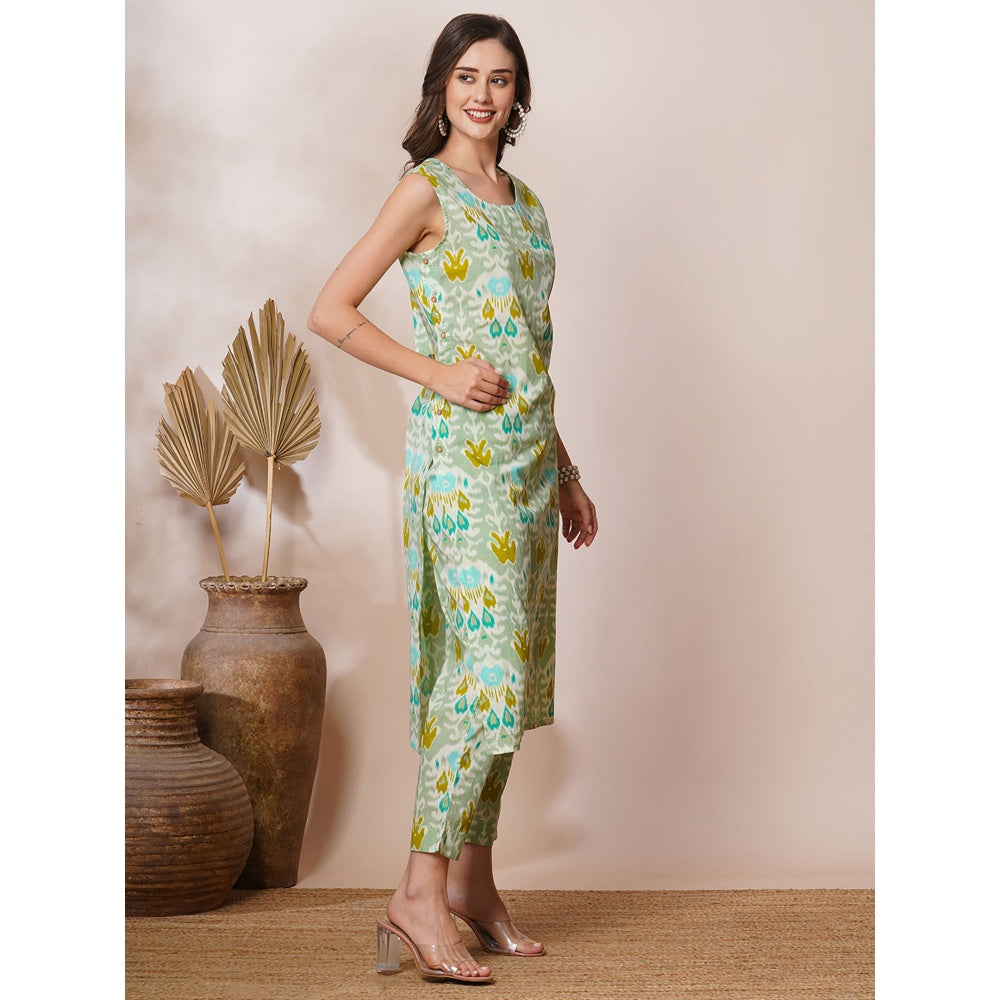 FASHOR Mint Green Abstract Ethnic Ikat Printed Straight Fit Kurta with Pant (Set of 2)