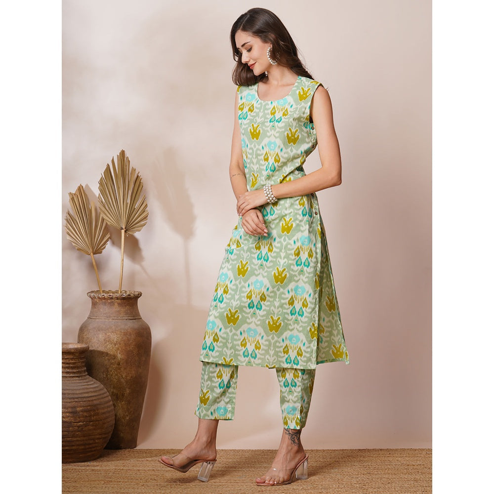 FASHOR Mint Green Abstract Ethnic Ikat Printed Straight Fit Kurta with Pant (Set of 2)