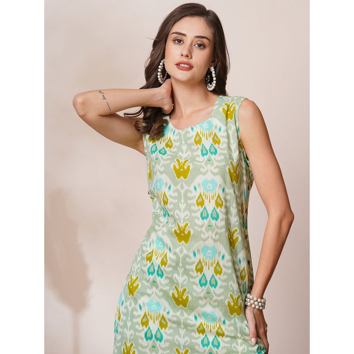 FASHOR Mint Green Abstract Ethnic Ikat Printed Straight Fit Kurta with Pant (Set of 2)