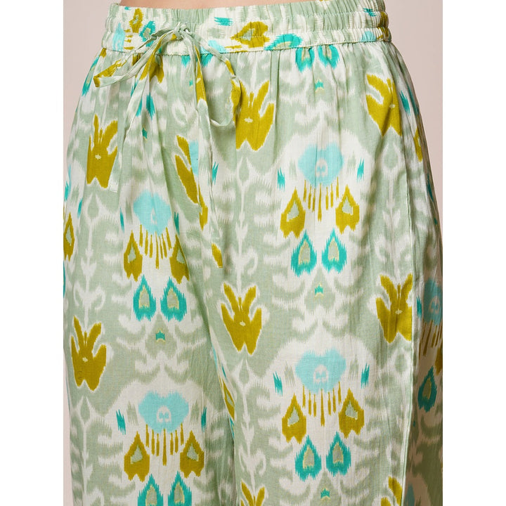 FASHOR Mint Green Abstract Ethnic Ikat Printed Straight Fit Kurta with Pant (Set of 2)