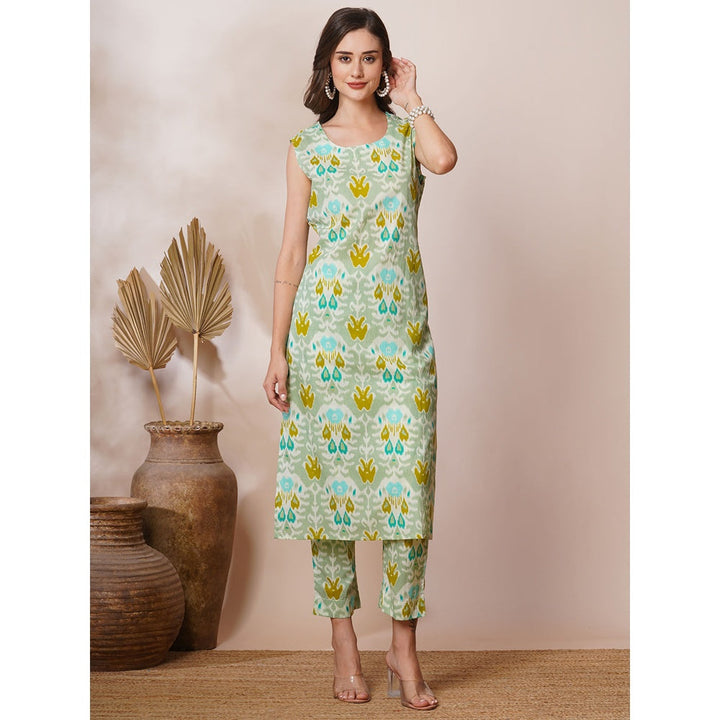 FASHOR Mint Green Abstract Ethnic Ikat Printed Straight Fit Kurta with Pant (Set of 2)