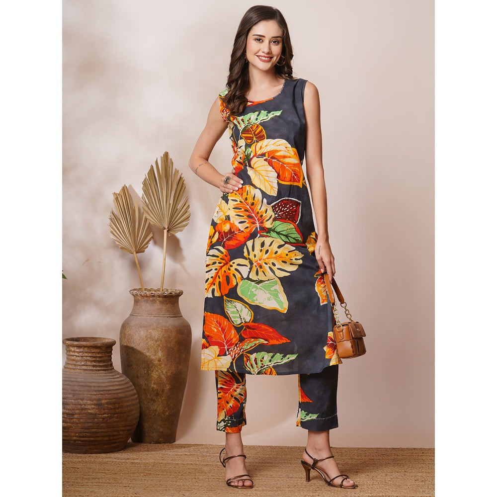 FASHOR Grey Tropical Floral Printed Straight Fit Kurta with Pant (Set of 2)