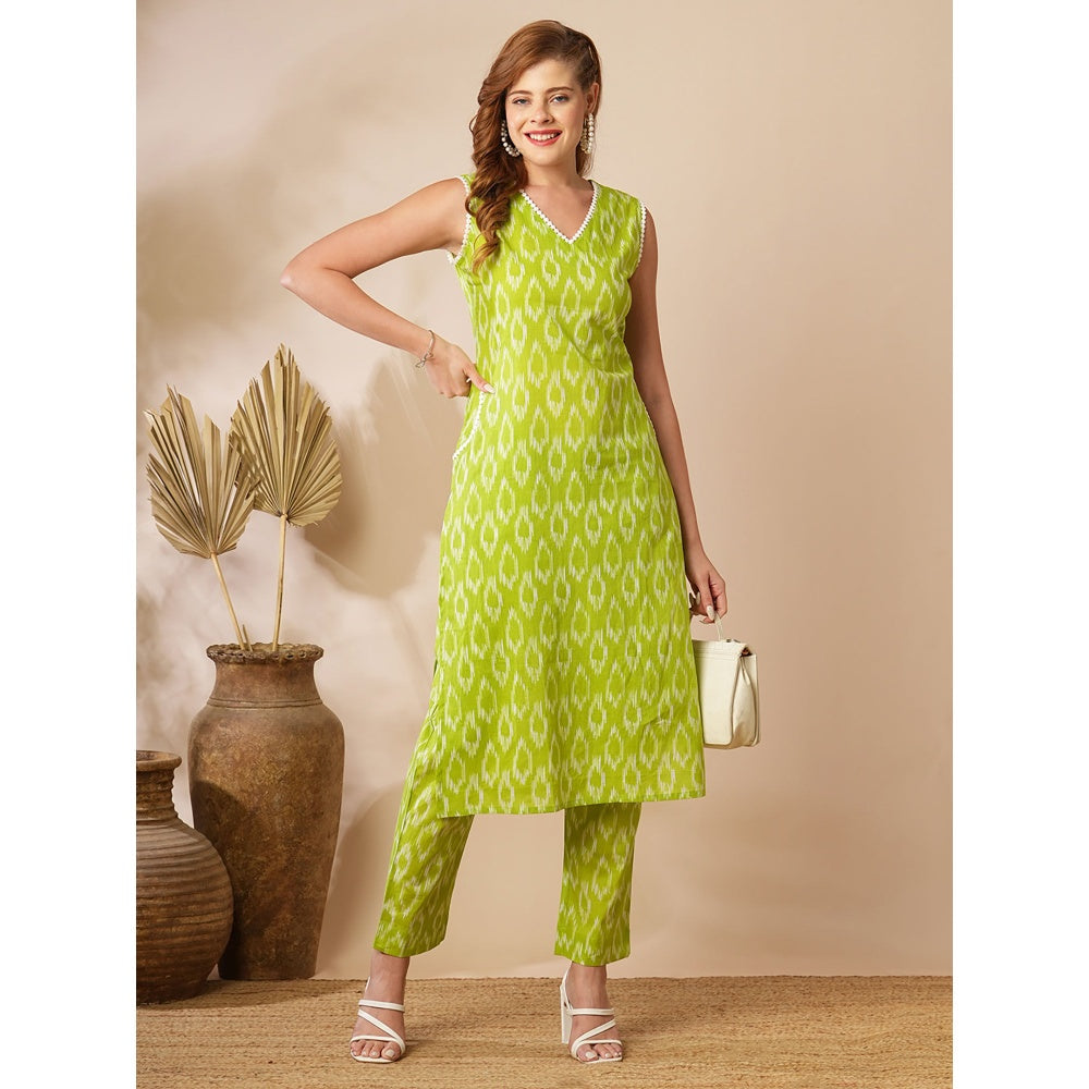 FASHOR Green Ethnic Ikat Printed Straight Fit Kurta with Pant (Set of 2)