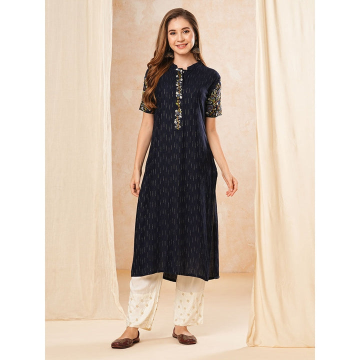 FASHOR Navy Blue Dobby Striped Resham Embroidered Kurta