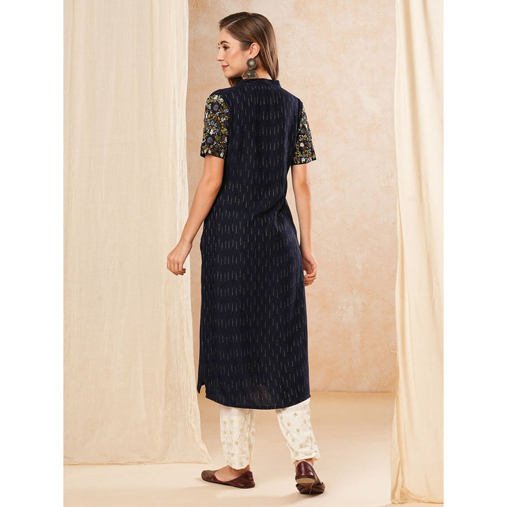 FASHOR Navy Blue Dobby Striped Resham Embroidered Kurta