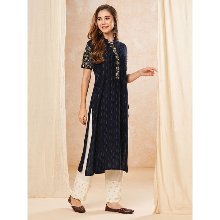 FASHOR Navy Blue Dobby Striped Resham Embroidered Kurta