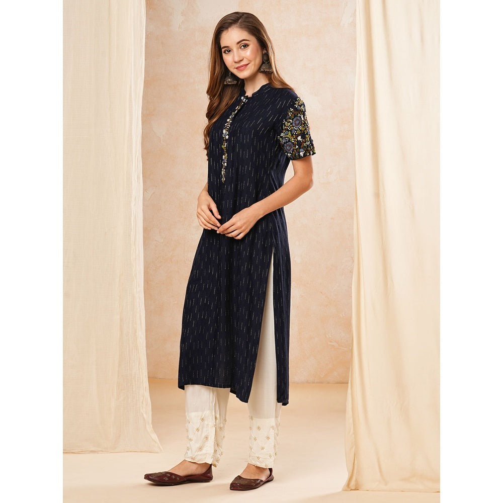 FASHOR Navy Blue Dobby Striped Resham Embroidered Kurta