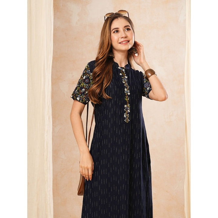 FASHOR Navy Blue Dobby Striped Resham Embroidered Kurta