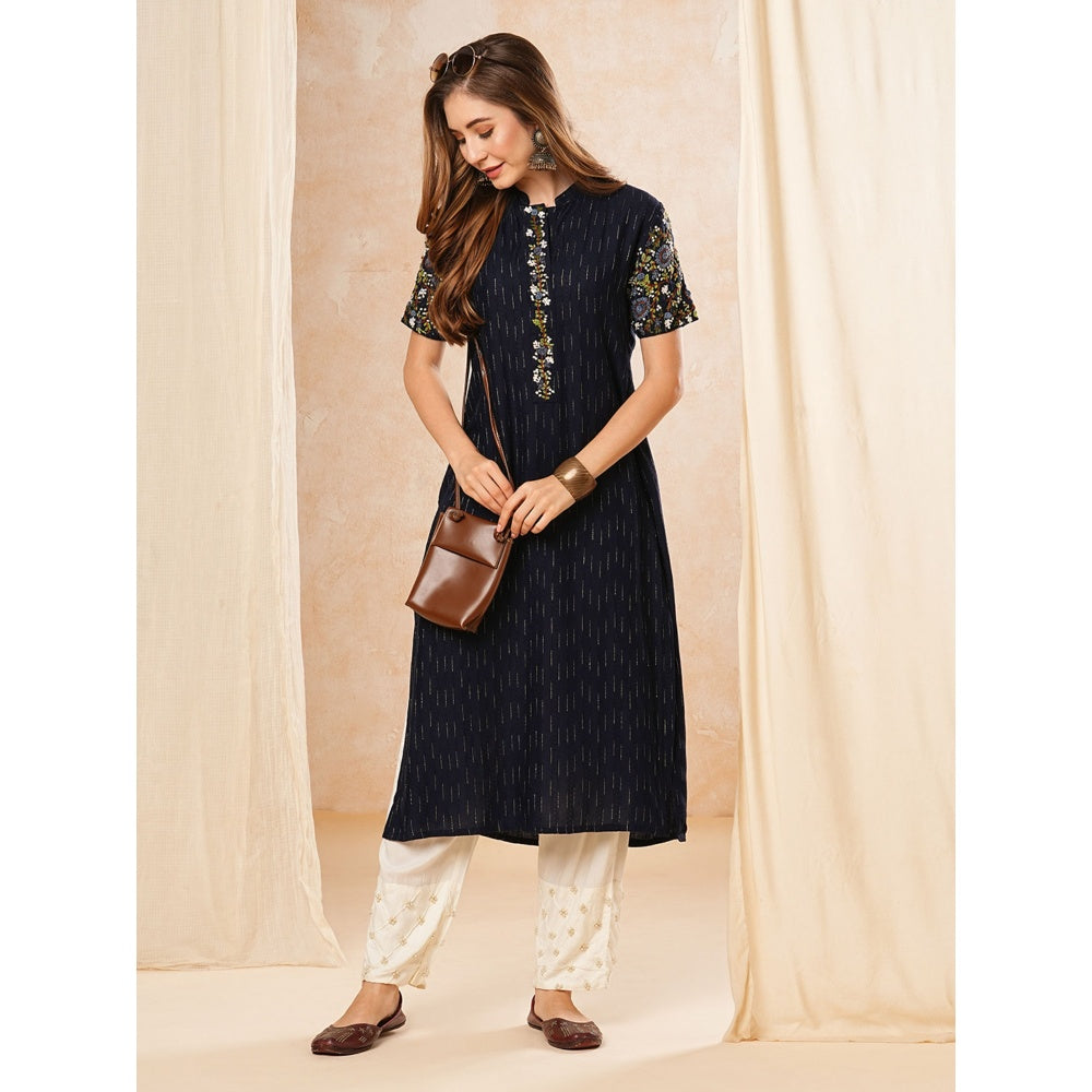 FASHOR Navy Blue Dobby Striped Resham Embroidered Kurta