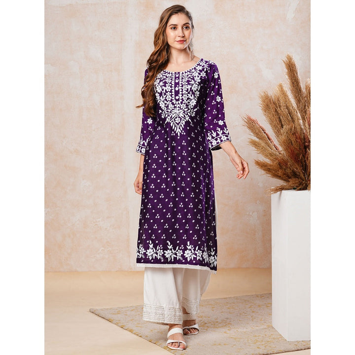 FASHOR Deep Purple Printed and Chikankari Embroidered Kurta